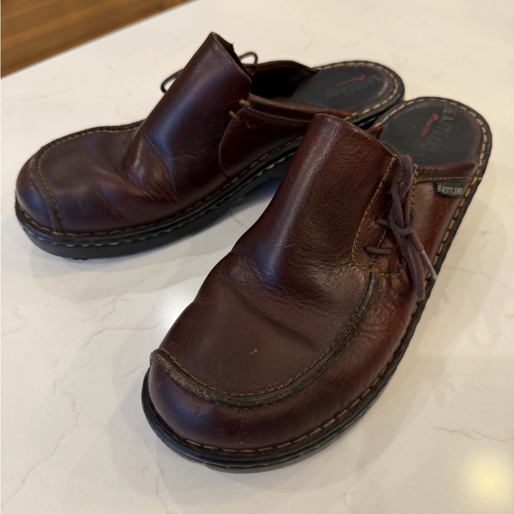 Y2K Eastland Brown Leather Mule Slides Tie Detail Chunky Heel / 11